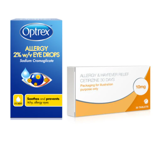 Allergy & Hayfever Relief Cetirizine and Optrex Allergy Eye Drops Bundle 30 Tablets + 10ml