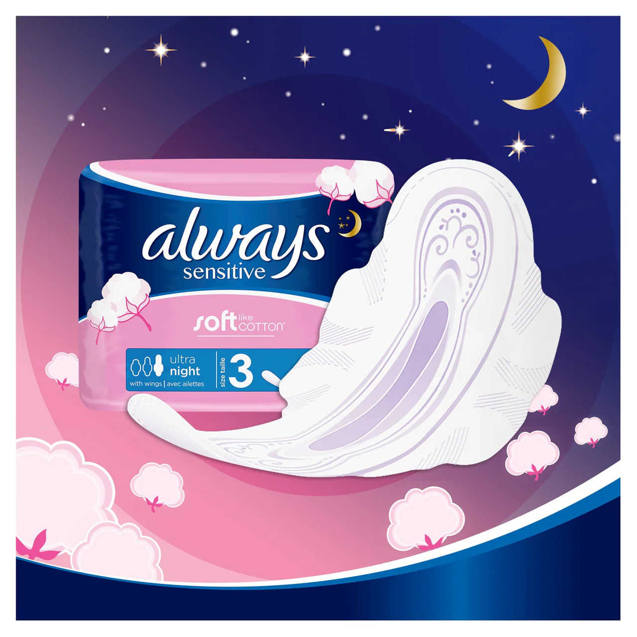 Always Sensitive Night Pads with Wings 10 Pads