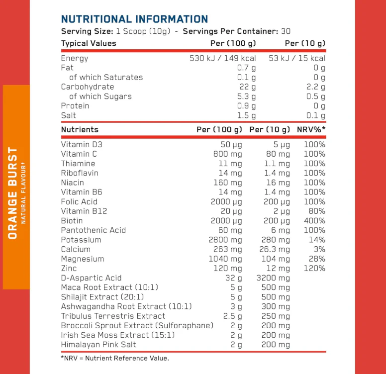Applied Nutrition TRT Tesosterone Support Powder Orange Burst Flavour 300g - Image 5