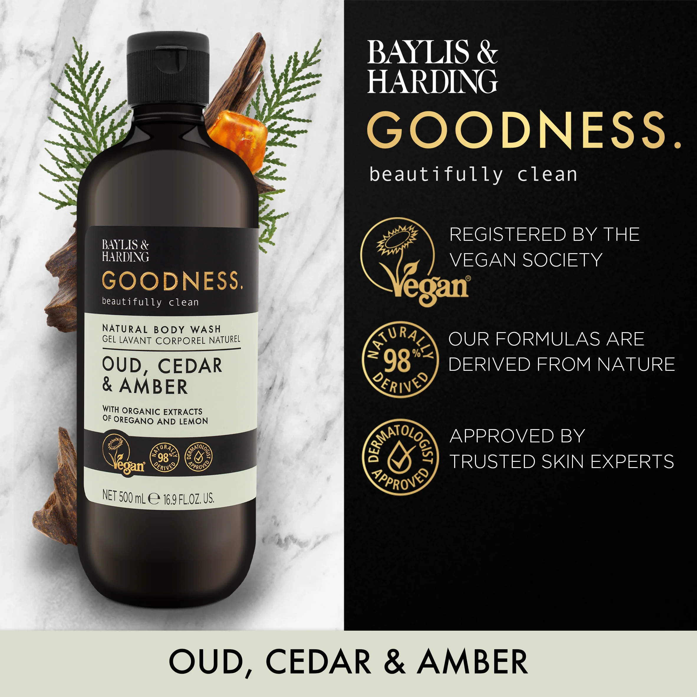 Baylis & Harding Goodness Oud, Cedar & Amber Body Wash 500ml - Image 2