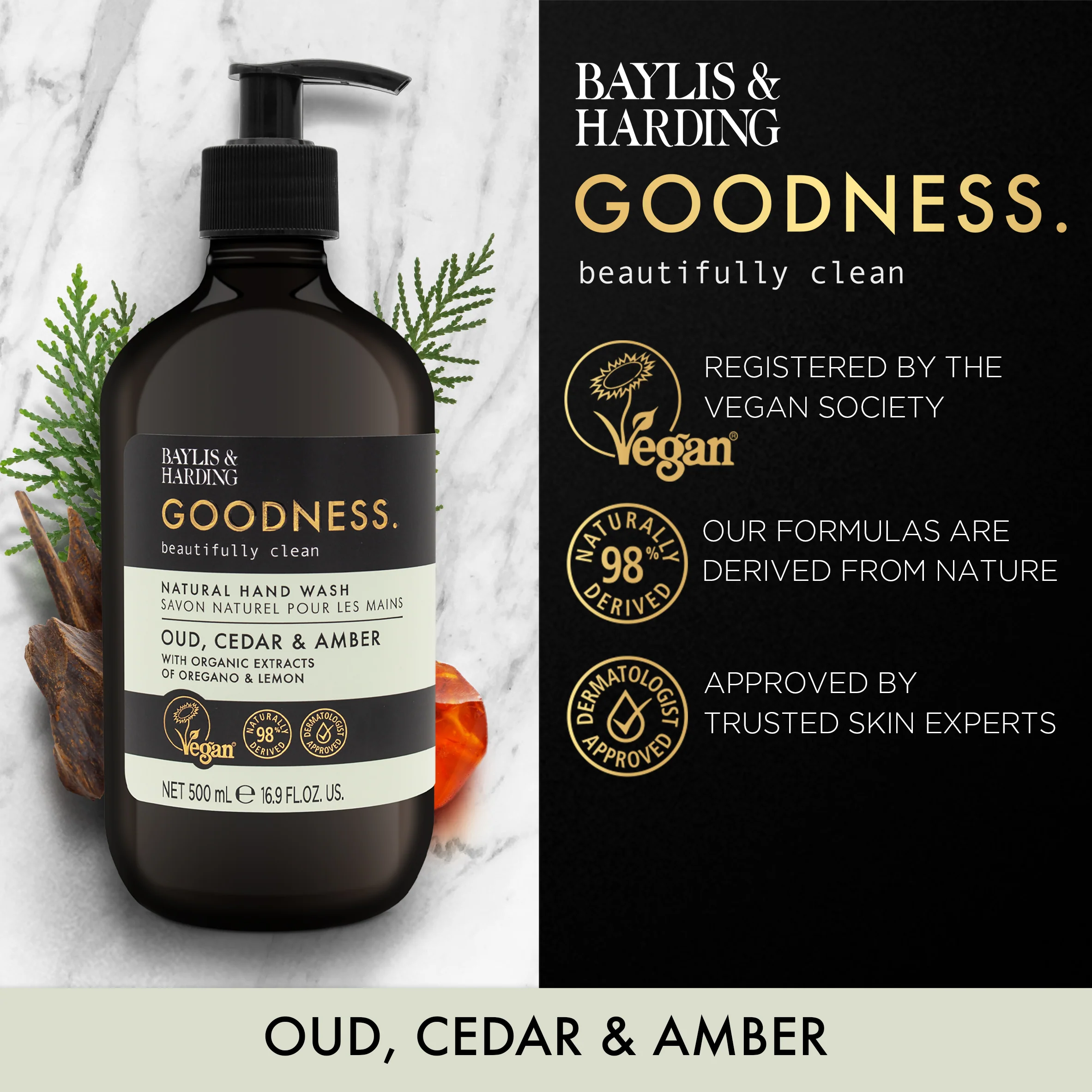 Baylis & Harding Goodness Oud, Cedar & Amber Hand Wash 500ml - Image 2