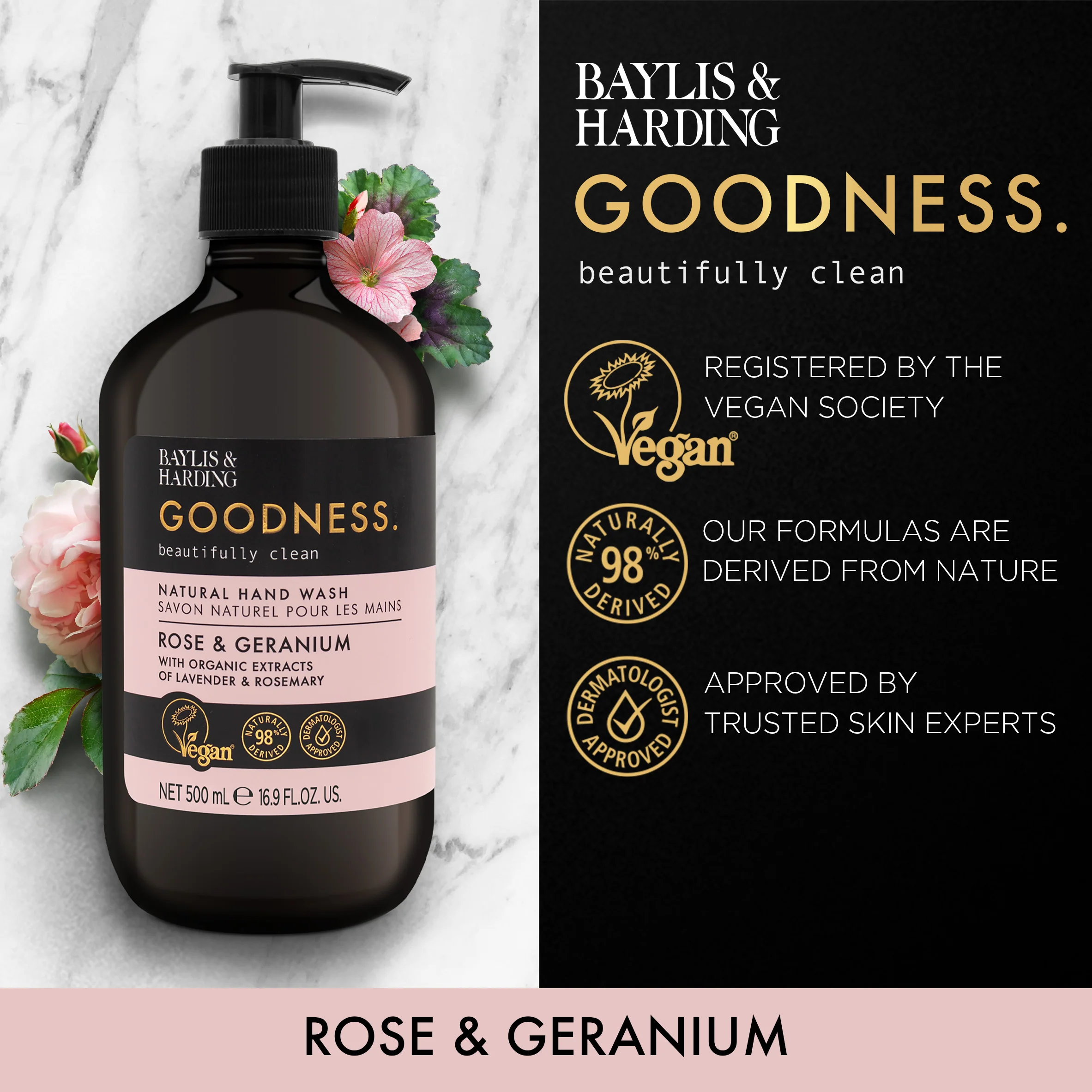 Baylis & Harding Goodness Rose & Geranium Hand Wash 500ml - Image 2