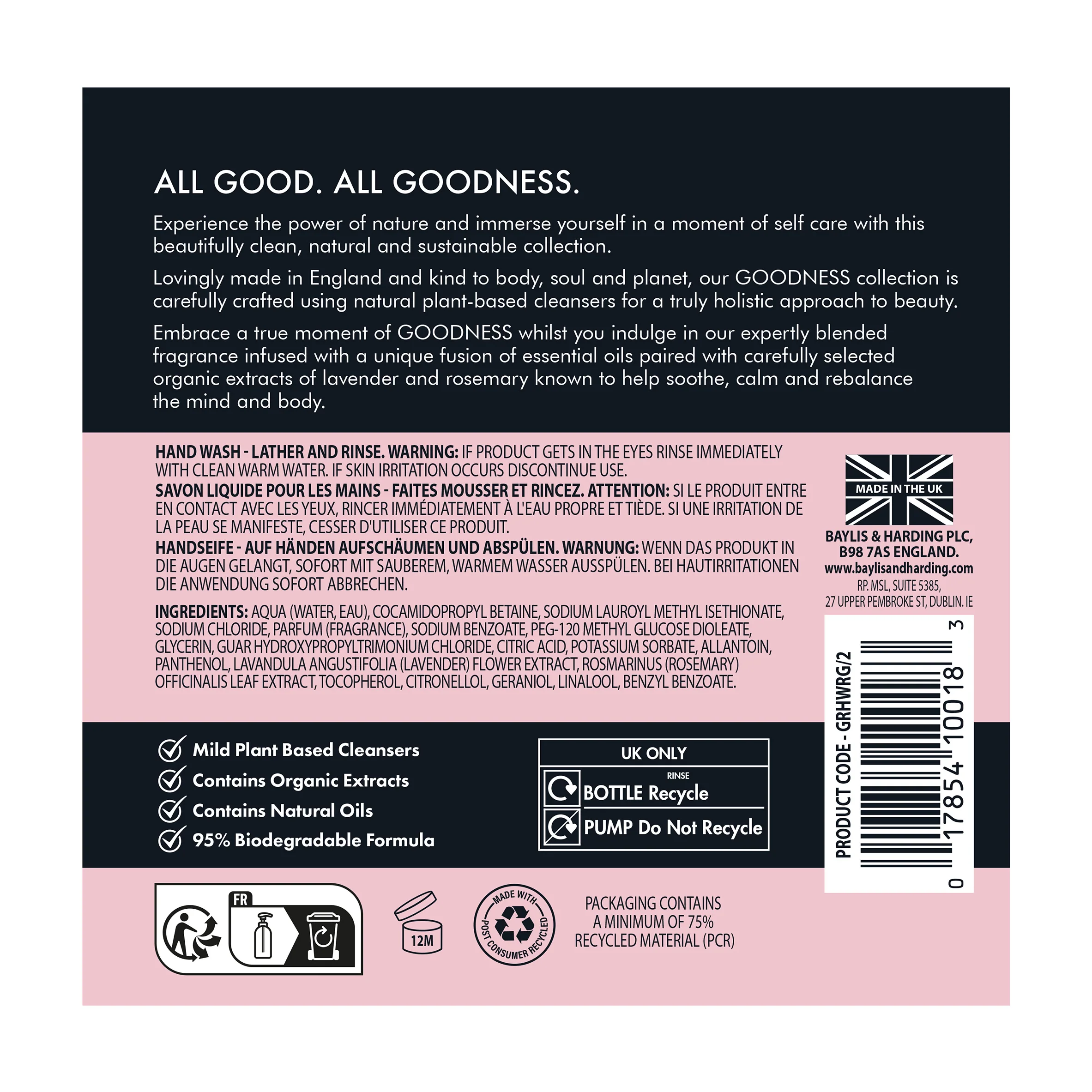 Baylis & Harding Goodness Rose & Geranium Hand Wash 500ml - Image 4