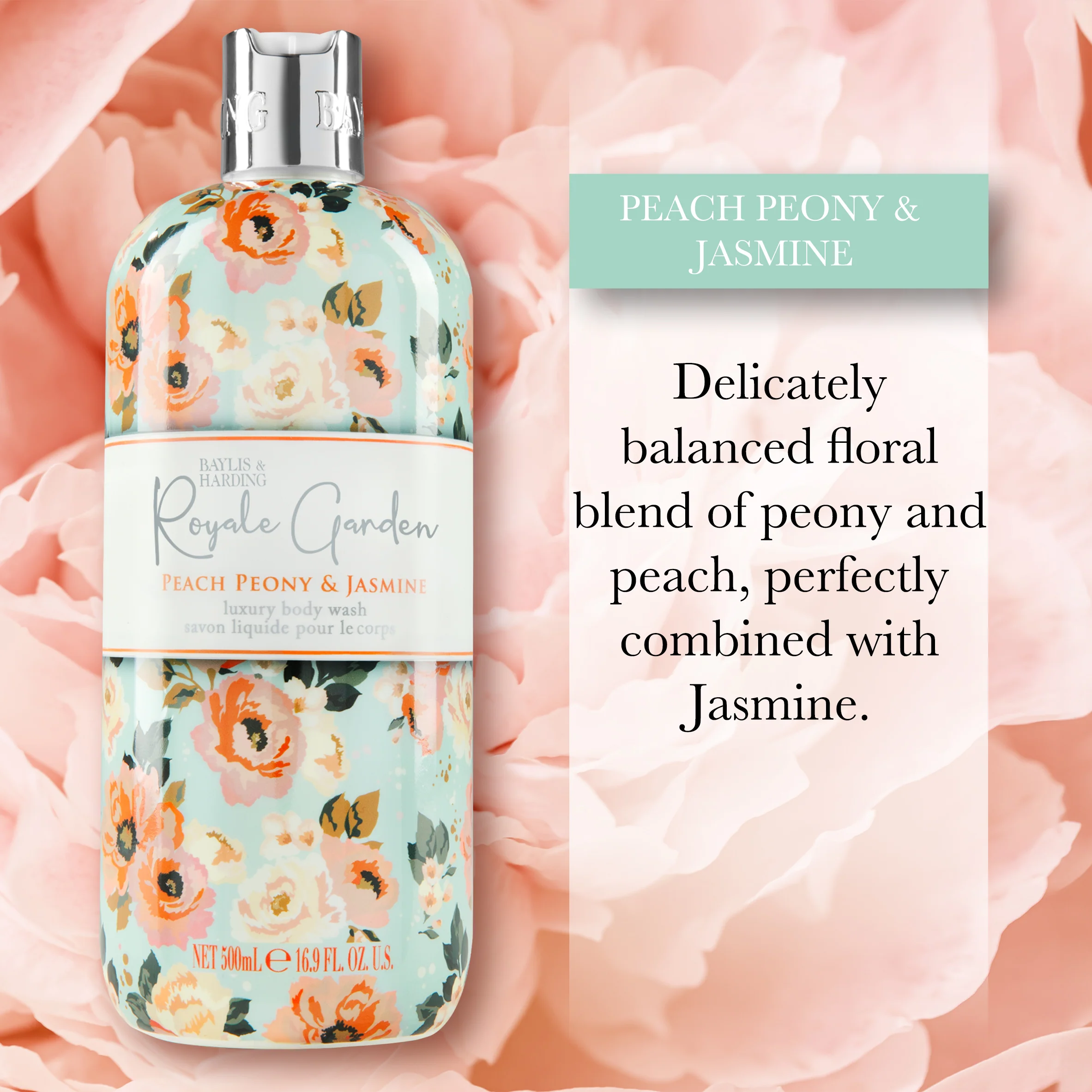 Baylis & Harding Royale Garden Peach Peony & Jasmine Body Wash 500ml - Image 2