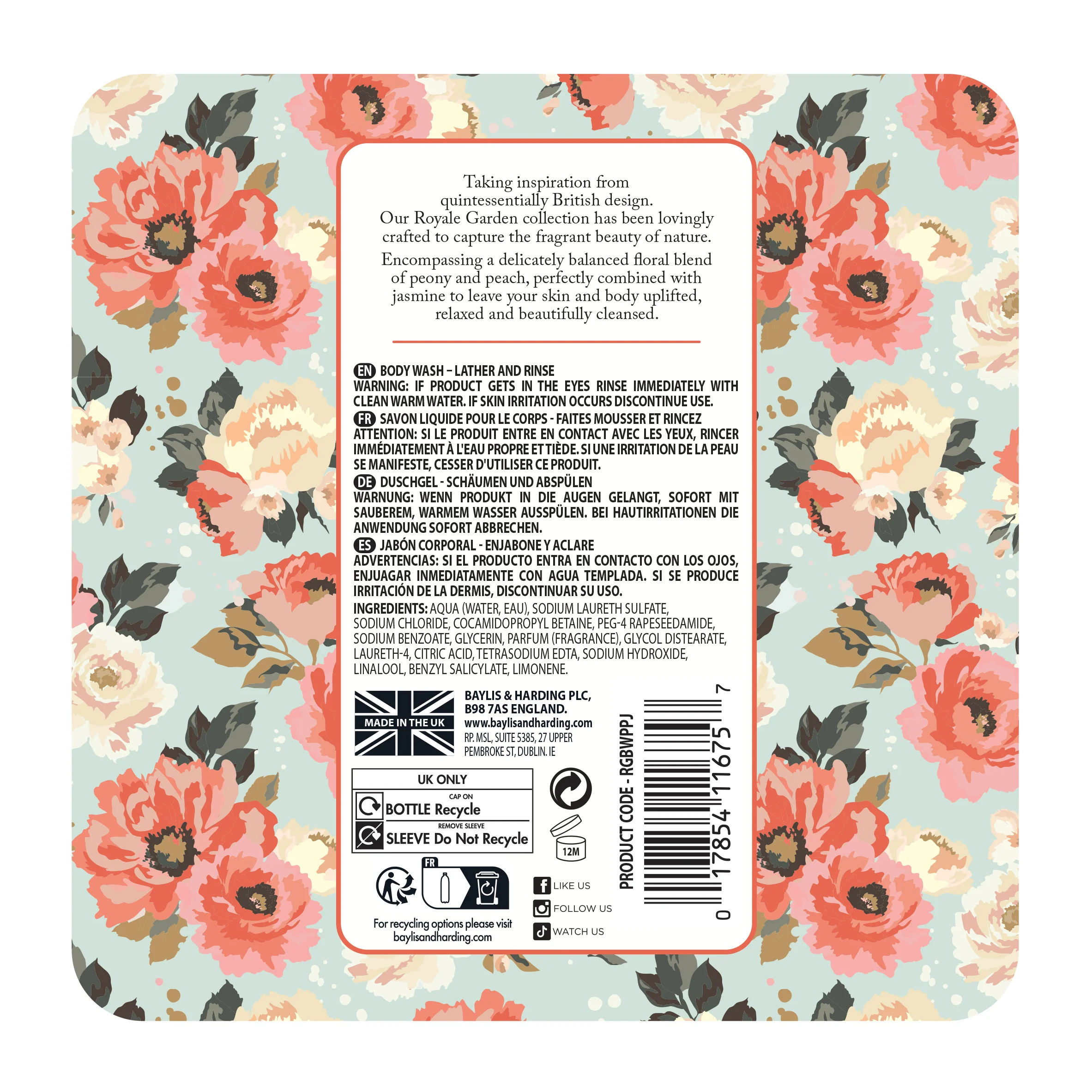 Baylis & Harding Royale Garden Peach Peony & Jasmine Body Wash 500ml - Image 3