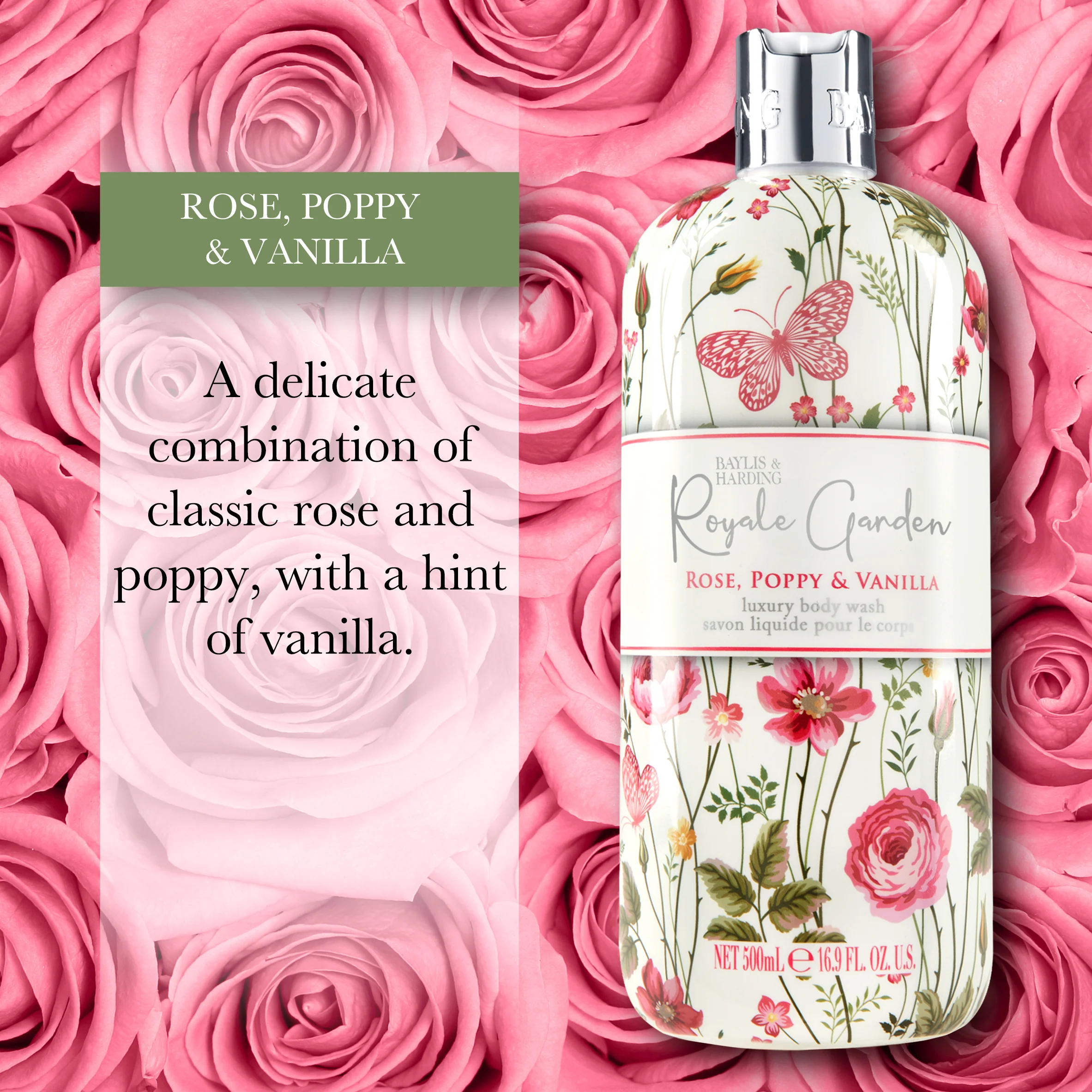 Baylis & Harding Royale Garden Rose, Poppy & Vanilla Body Wash 500ml - Image 2
