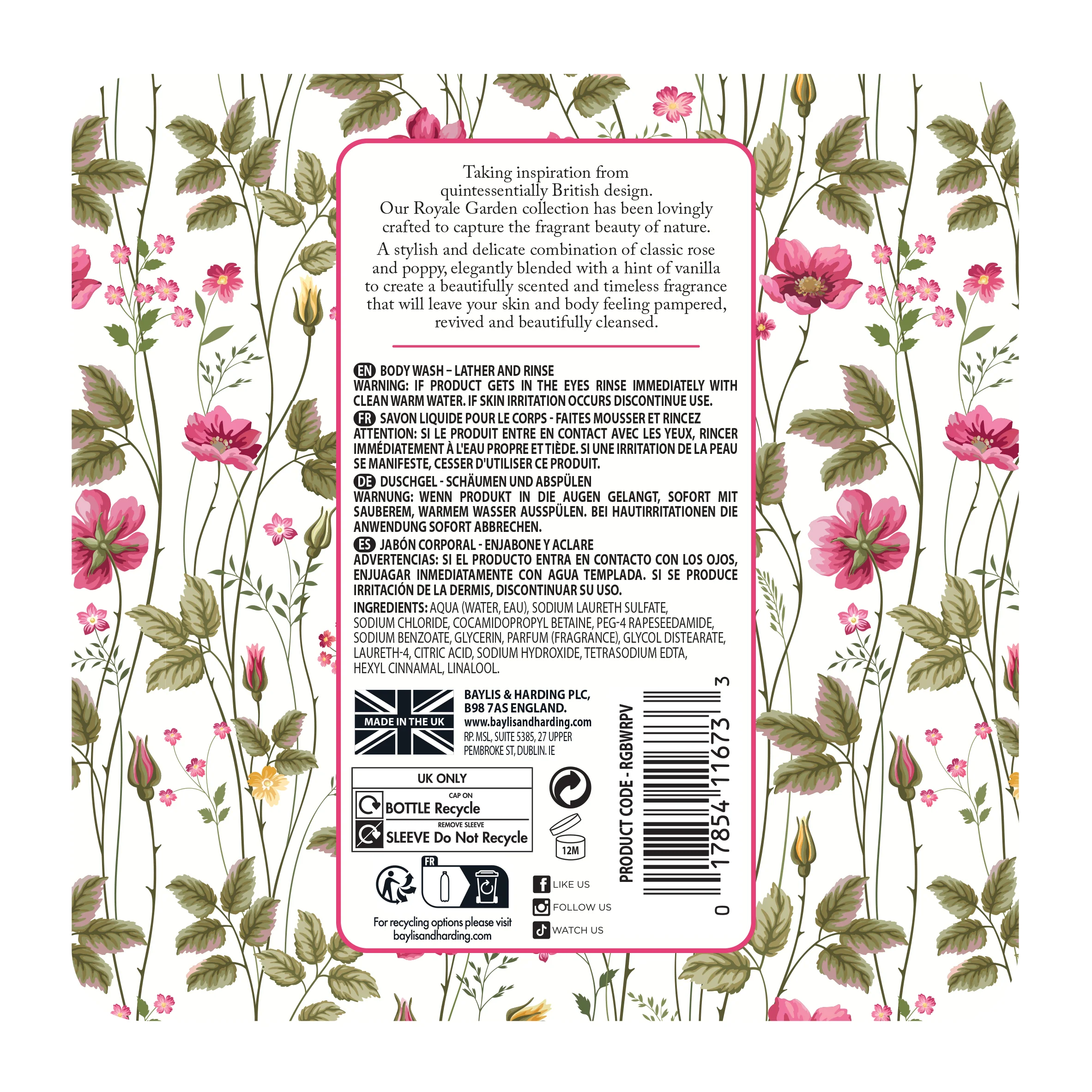 Baylis & Harding Royale Garden Rose, Poppy & Vanilla Body Wash 500ml - Image 3