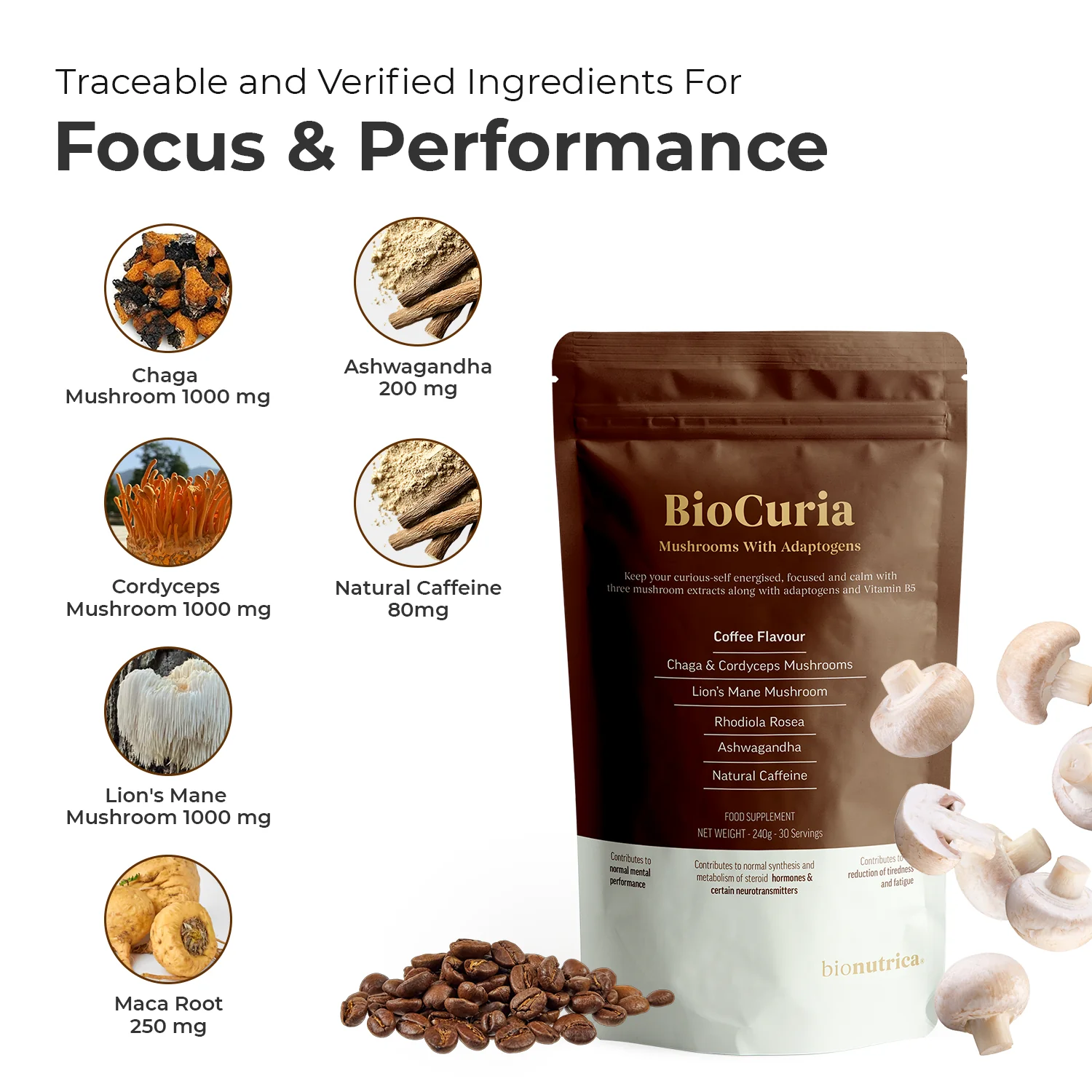 BioCuria Adaptogen Mushroom Coffee, Focus & Stress Support, 240gms - Image 5