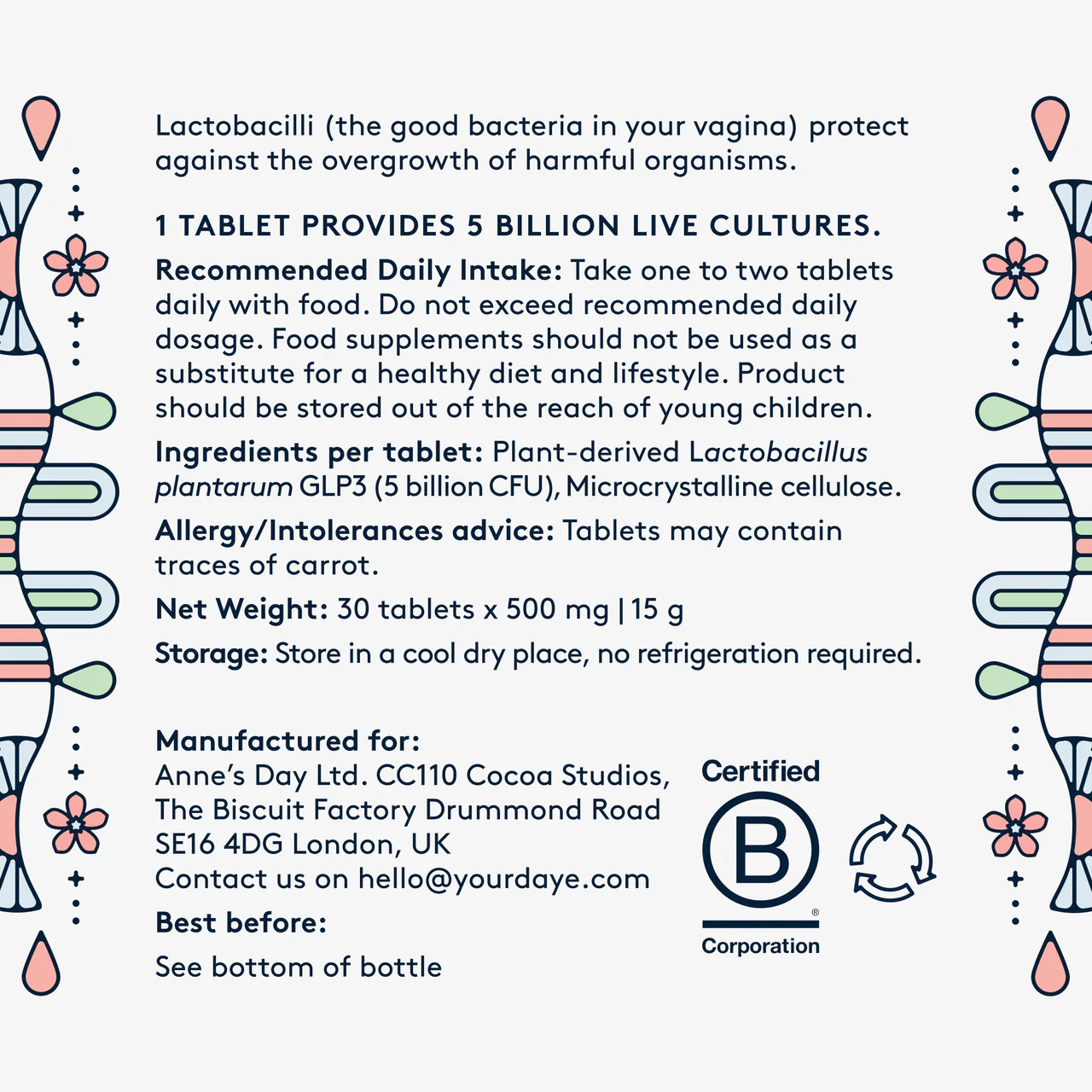 Daye ProViotics: Lactobacillus Plantarum GLP3 for Women's Vaginal & Gut Microbiome 30 Tablets - Image 2