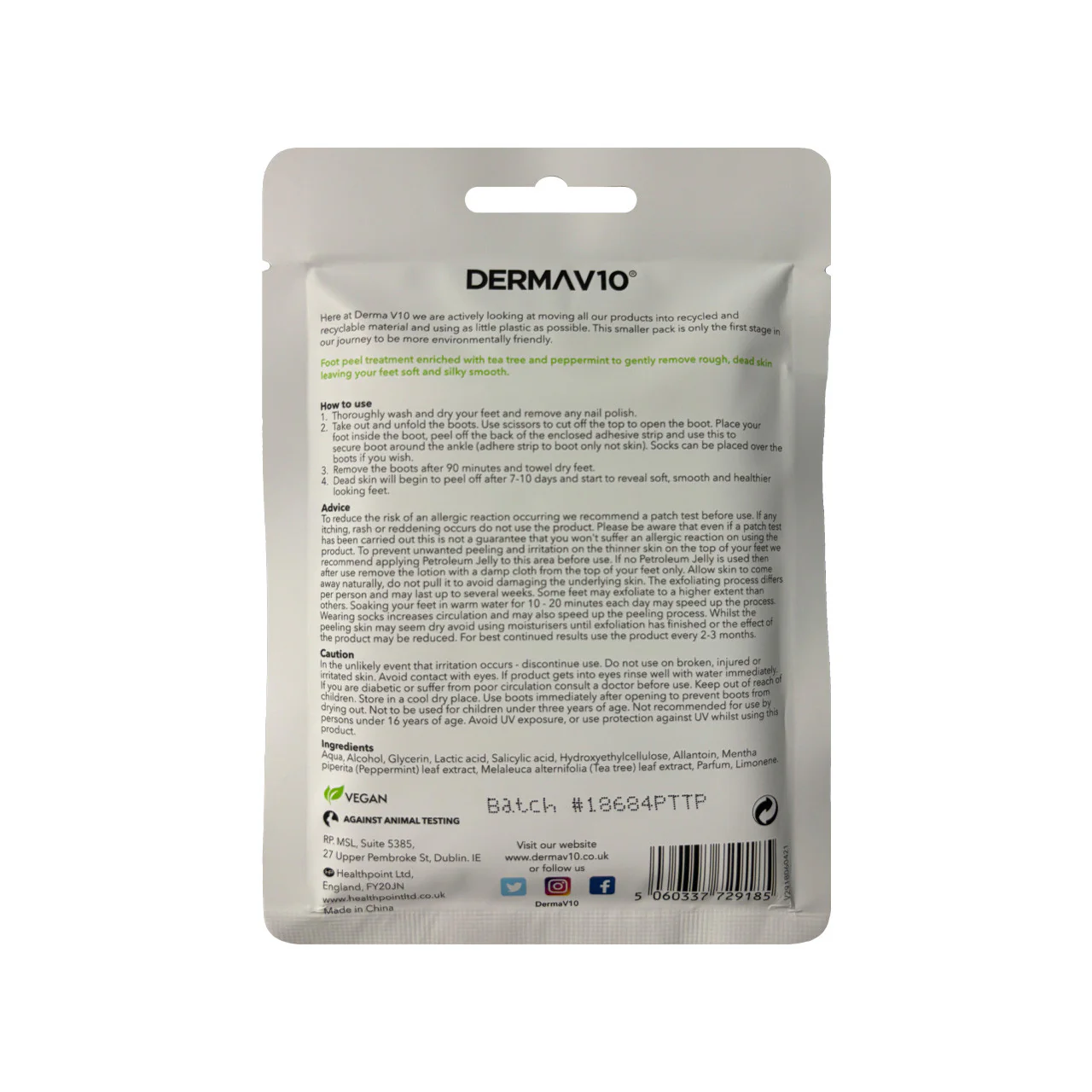 DermaV10 Foot Peel Tea Tree & Peppermint 1 Pair - Image 2