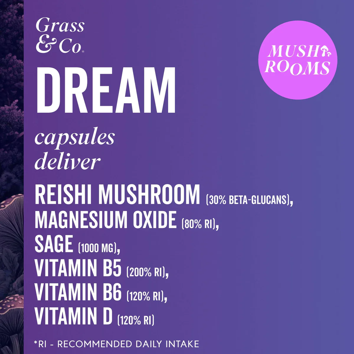 Grass & Co. DREAM Reishi Mushrooms with Magnesium + Sage 60 Vegan Capsules - Image 7