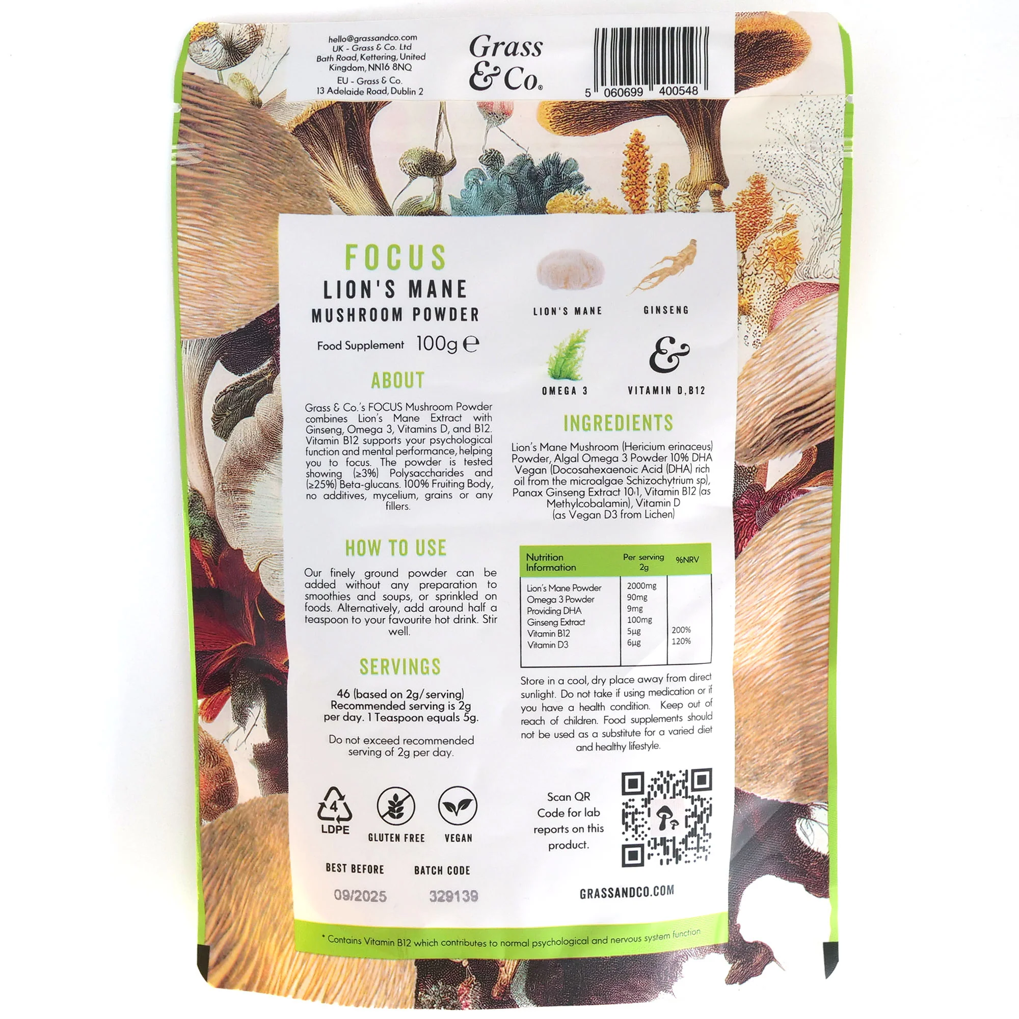 Grass & Co. FOCUS Lion's Mane Mushrooms Powder with Ginseng + Omega-3 100g - Image 2