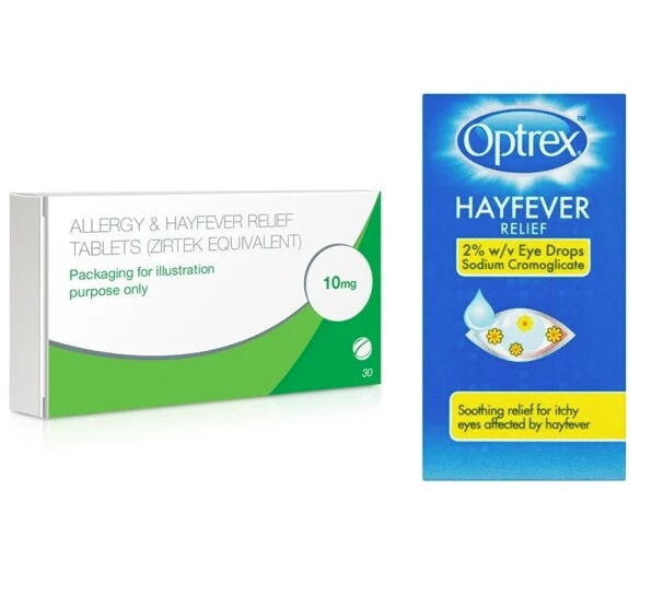Hayfever Cetirizine 30 Tablets and Optrex Eye Drops Bundle