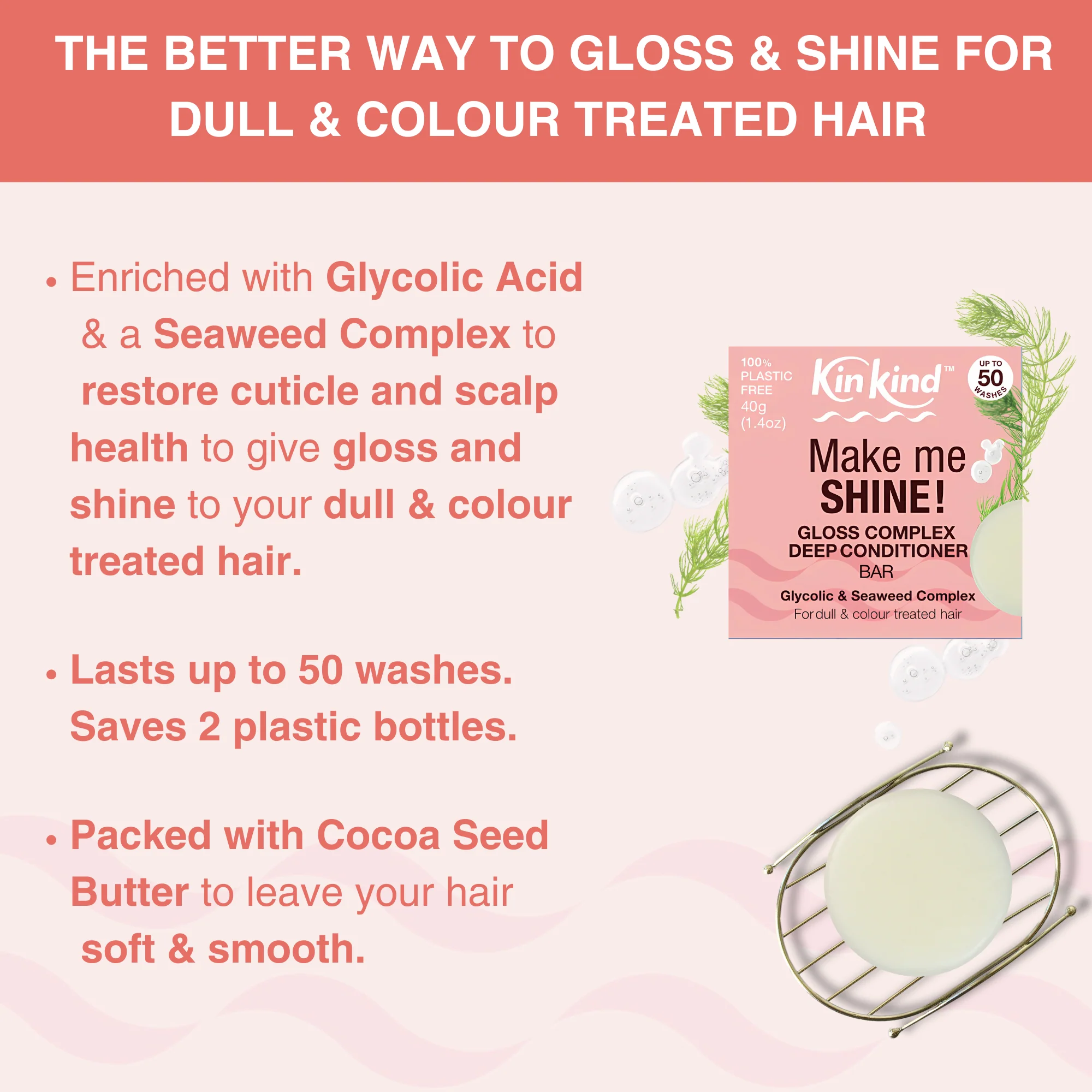 KinKind Make me SHINE! Gloss Complex Conditioner Bar Seaweed 40g - Image 2