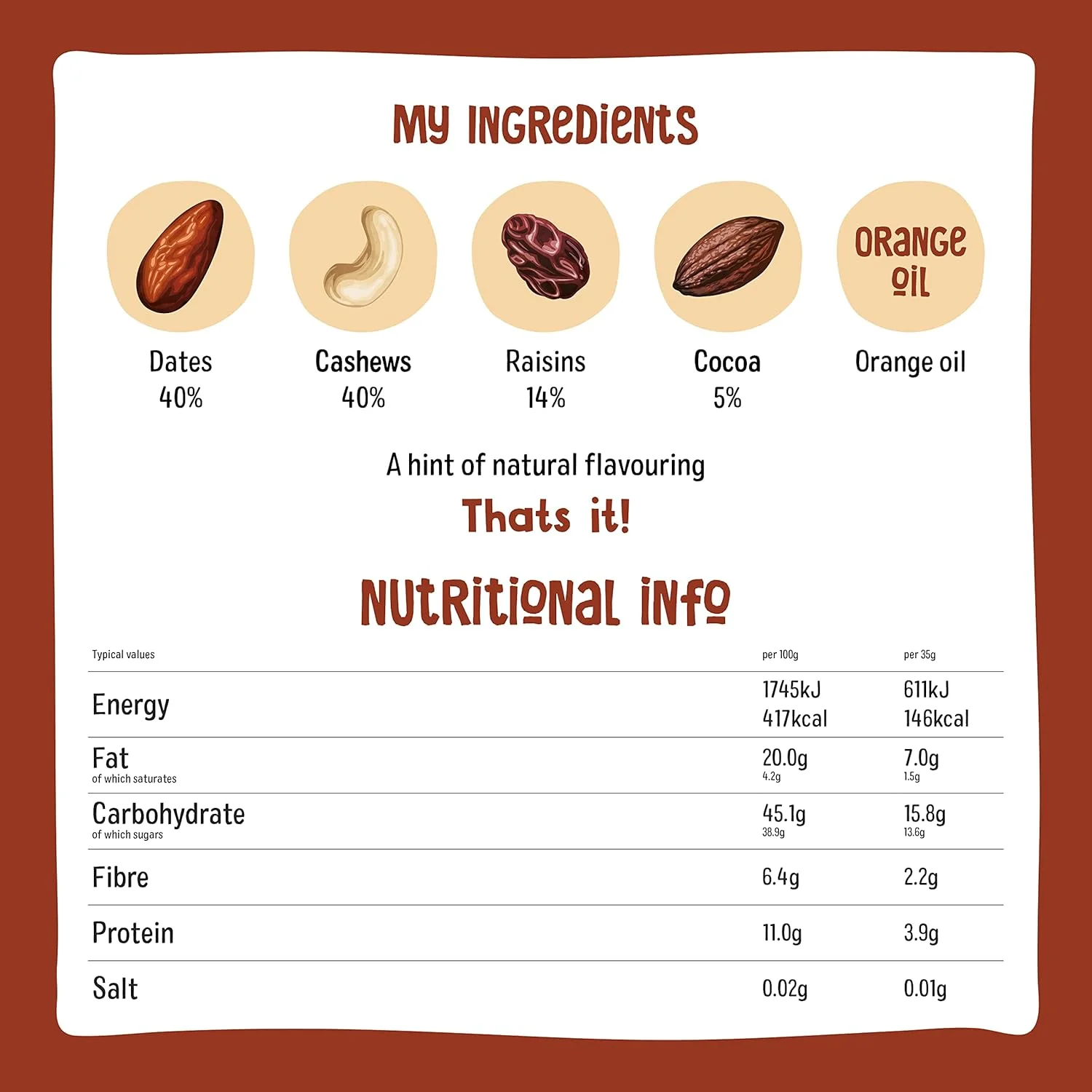 Nakd. Raw Fruit & Nut Bars Cocoa Orange 18x35g - Image 2
