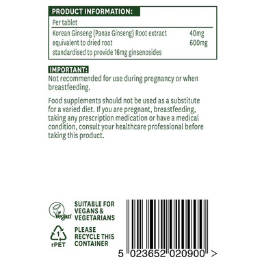 Natures Aid Korean Ginseng 40mg (600mg equiv) 90 Tablets - Image 3