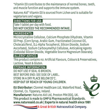 Natures Aid Vegan Vitamin D3 1000iu (25ug) 60 Tablets - Image 2