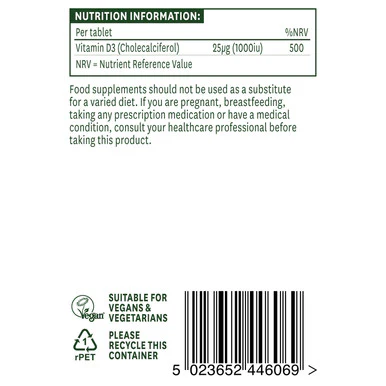 Natures Aid Vegan Vitamin D3 1000iu (25ug) 60 Tablets - Image 3