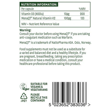Natures Aid Vitamin K2 (100ug) MenaQ7 (with Vitamin D3) 30 Capsules - Image 3