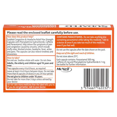 Sudafed Congestion & Headache Relief Max Strength 16 Years + 16 Capsules - Image 2