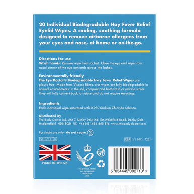 The Eye Doctor Biodegradable Hayfever Relief Eyelid Wipes 20 Pack - Image 2