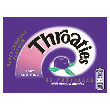 Throaties Blackcurrant Flavour Soft Soothing Pastilles with Honey & Menthol 12 Pastilles