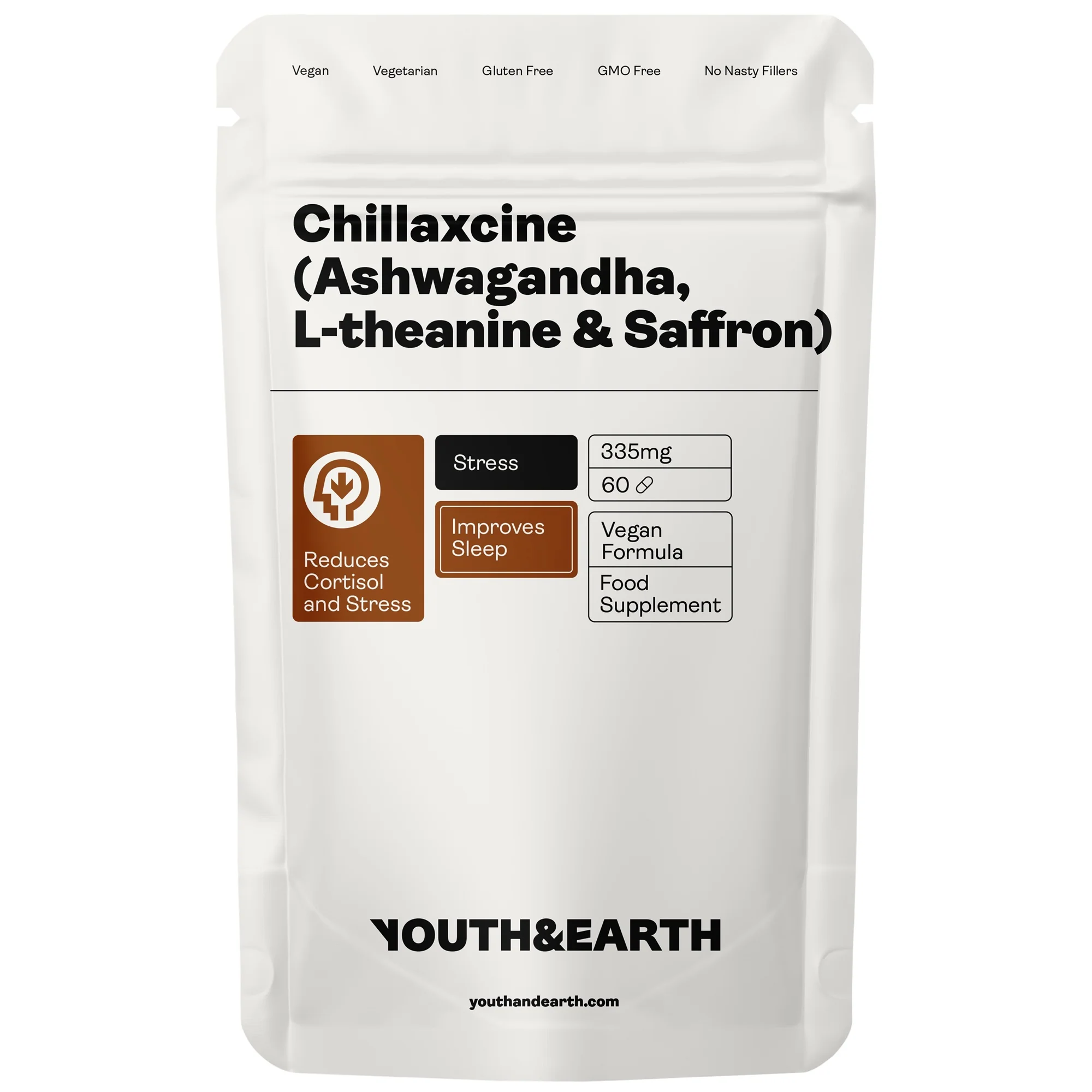 Youth & Earth CHILLAXCINE (Ashwagandha, L-theanine & Saffron) 335mg x 60 Capsules