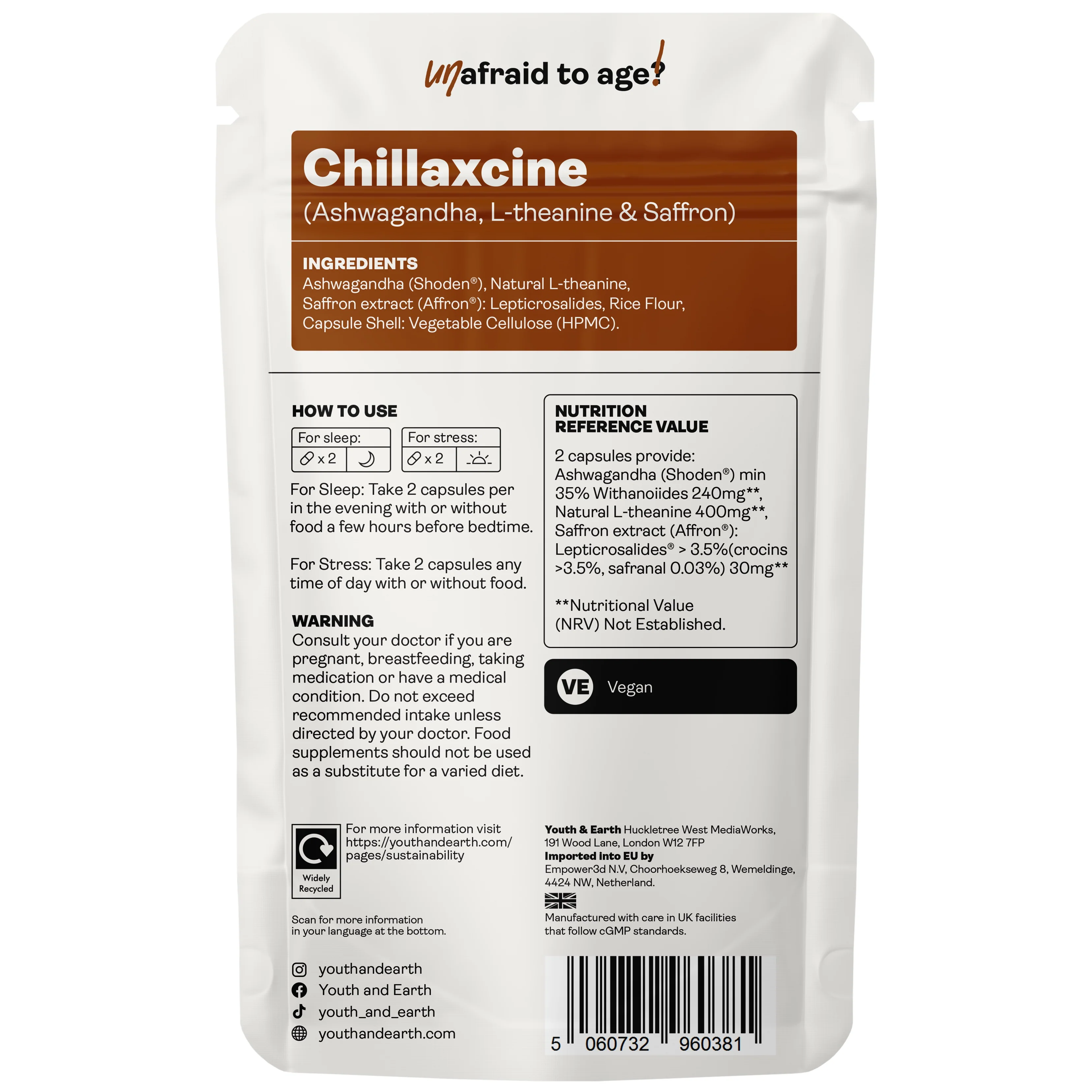 Youth & Earth CHILLAXCINE (Ashwagandha, L-theanine & Saffron) 335mg x 60 Capsules - Image 2
