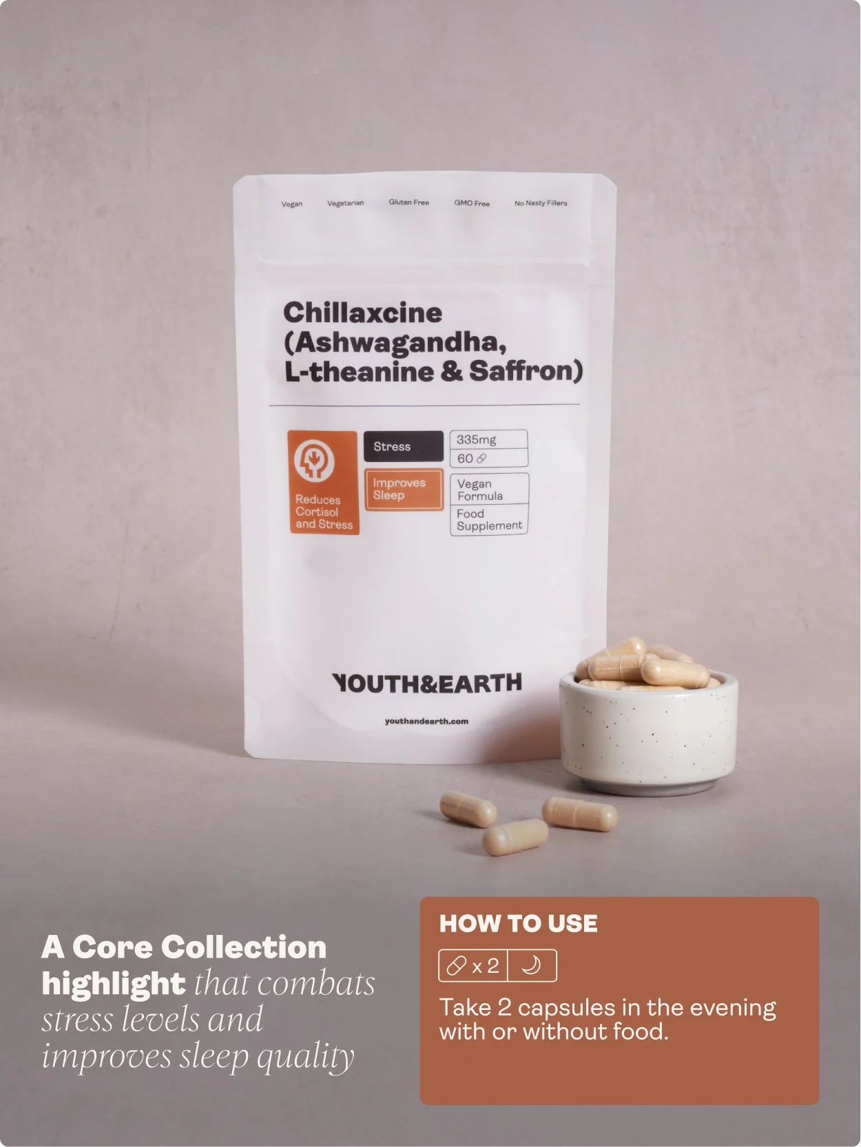 Youth & Earth CHILLAXCINE (Ashwagandha, L-theanine & Saffron) 335mg x 60 Capsules - Image 3