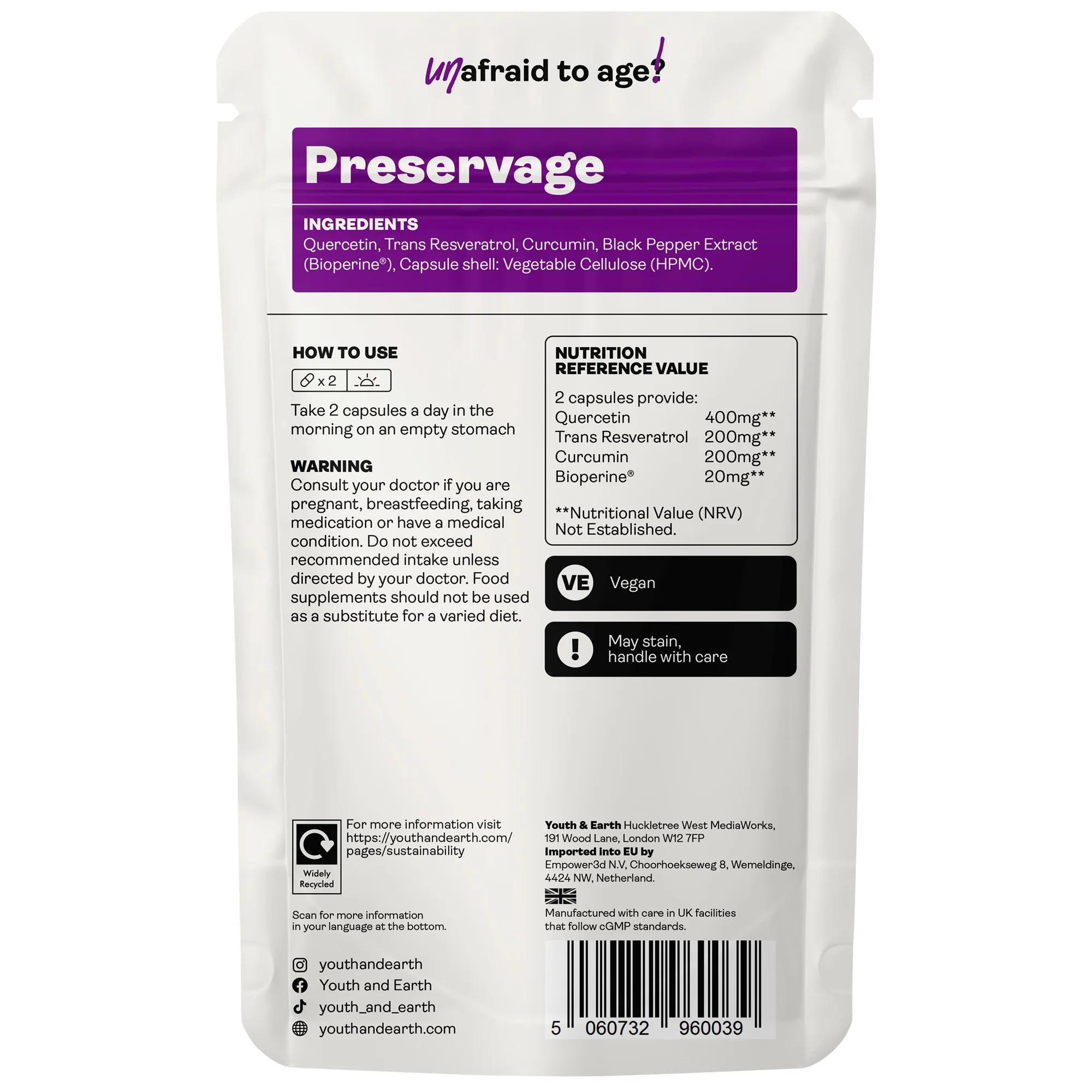 Youth & Earth Preservage (Trans-Resveratrol, Curcumin, Quercetin, BioPerine) 410mg 60 capsules - Image 2